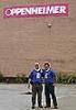 Larry and Steve O in front of the Oppenheimer company sign across the parking lot from the Rode Microphone factory