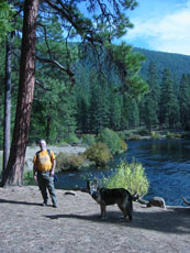 Steve O with Tyler the German Shepherd Dog at the Metolius River near Sisters, OR, October 2004